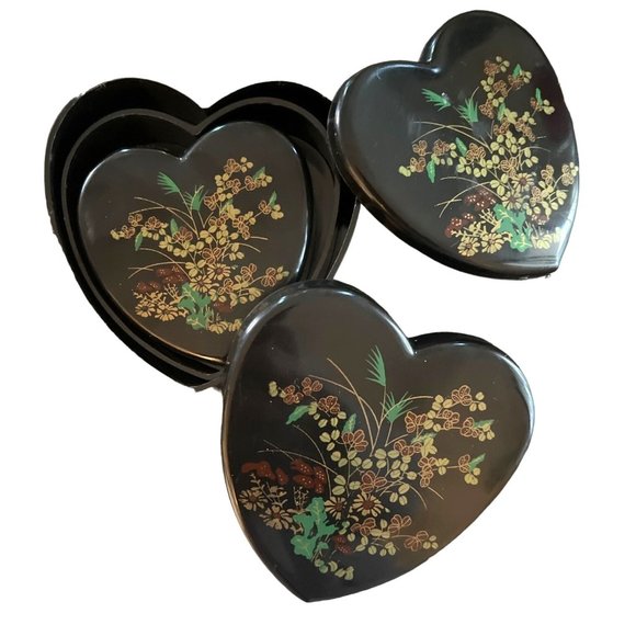 Vintage Celluloid Nesting Heart Shaped Trinket Boxes 1980's Hong Kong - Picture 1 of 3